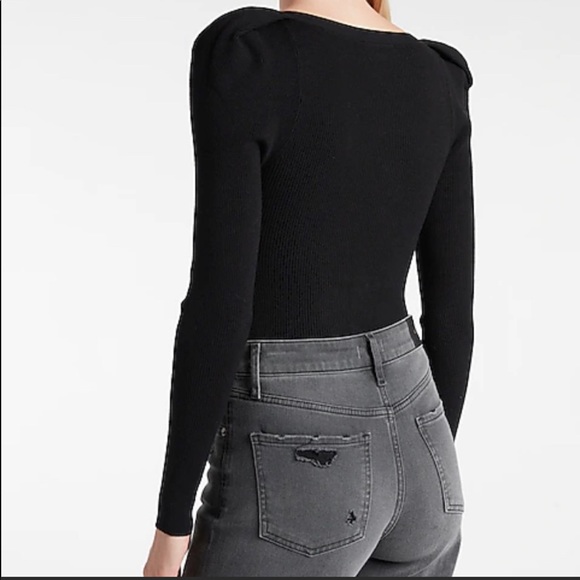 NWT! EXPRESS Ribbed Puff Shoulder Cutout Sweater Thong Bodysuit - Picture 4 of 10